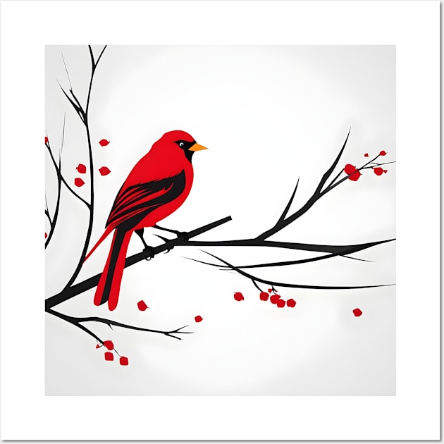 Red Bird On Branch Wall Art by The Psychedelic Guide To The Galaxy